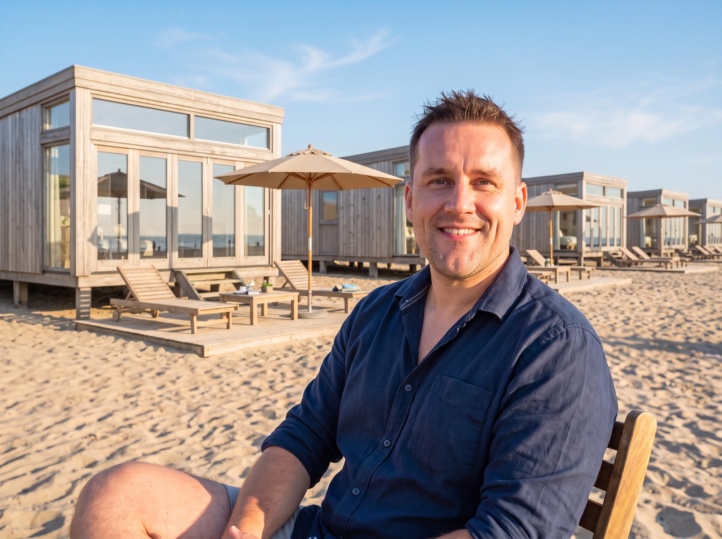 Nathan Ultee op het strand voor een rij kleurrijke strandhuisjes